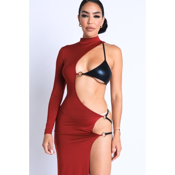 Women's Sexy Strap Detailed Asymmetric Maxi Dress Party Dance Club Wet Look - Picture 2 of 11